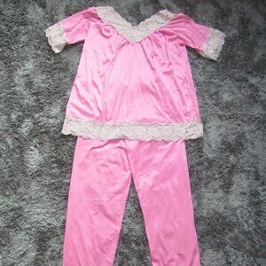 Vintage Avian Satin & Lace Top and Bottom Pajama Set Women's Size M Pink/Beige